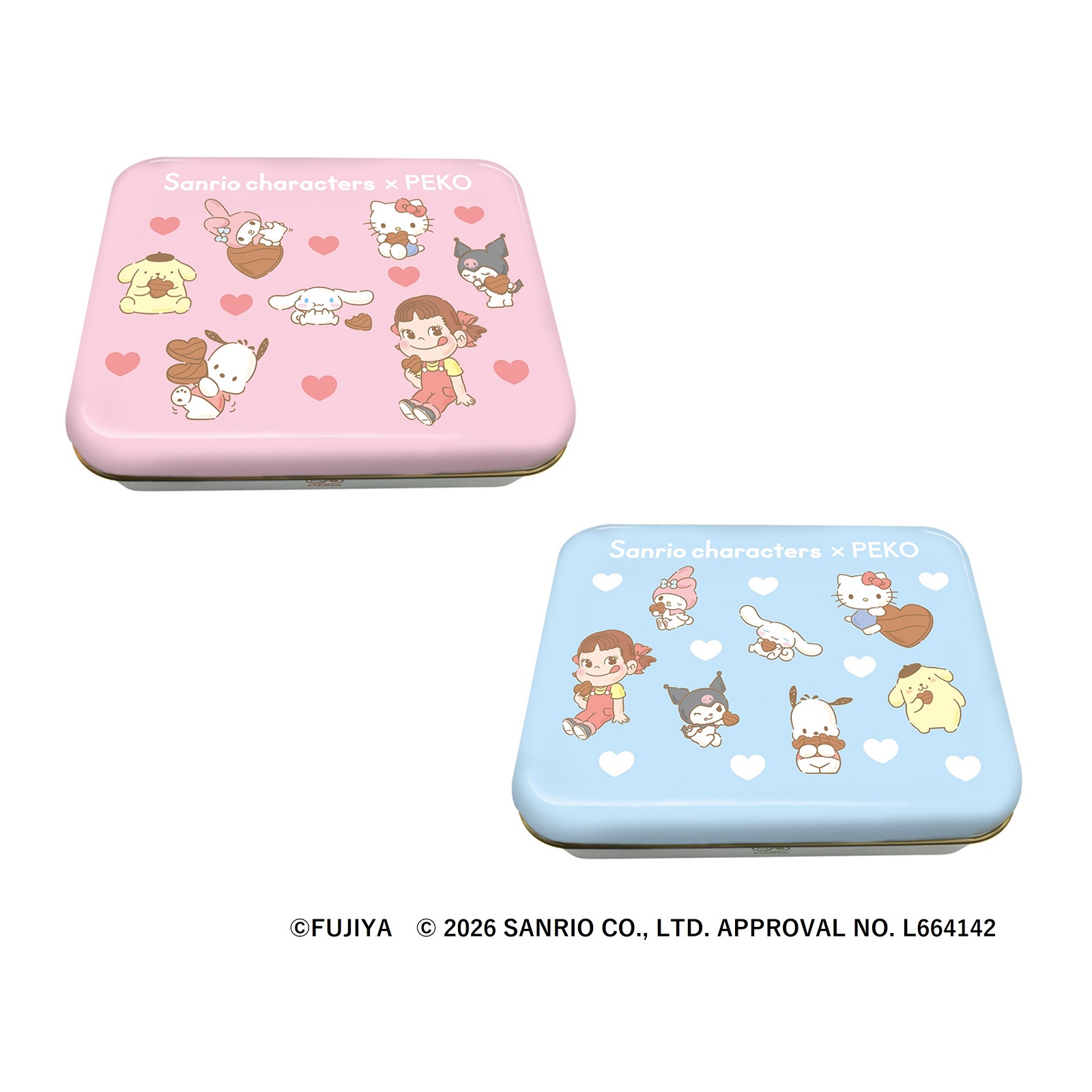 食べ終わったあとも使えるお菓子缶「サンリオキャラクターズ×ペコ　コラボギフト缶」（ピンク/ブルー、各880円）