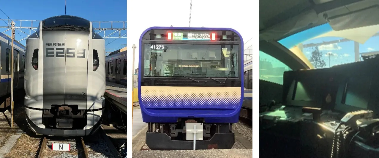 左からE259系・E235系の前頭部、E259系の運転台