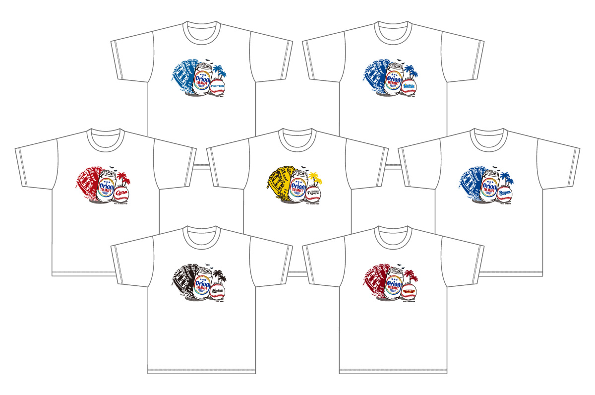 オリオン×球団 Tシャツ全7種（各3850円）、ホワイト1色、M・L・XL展開