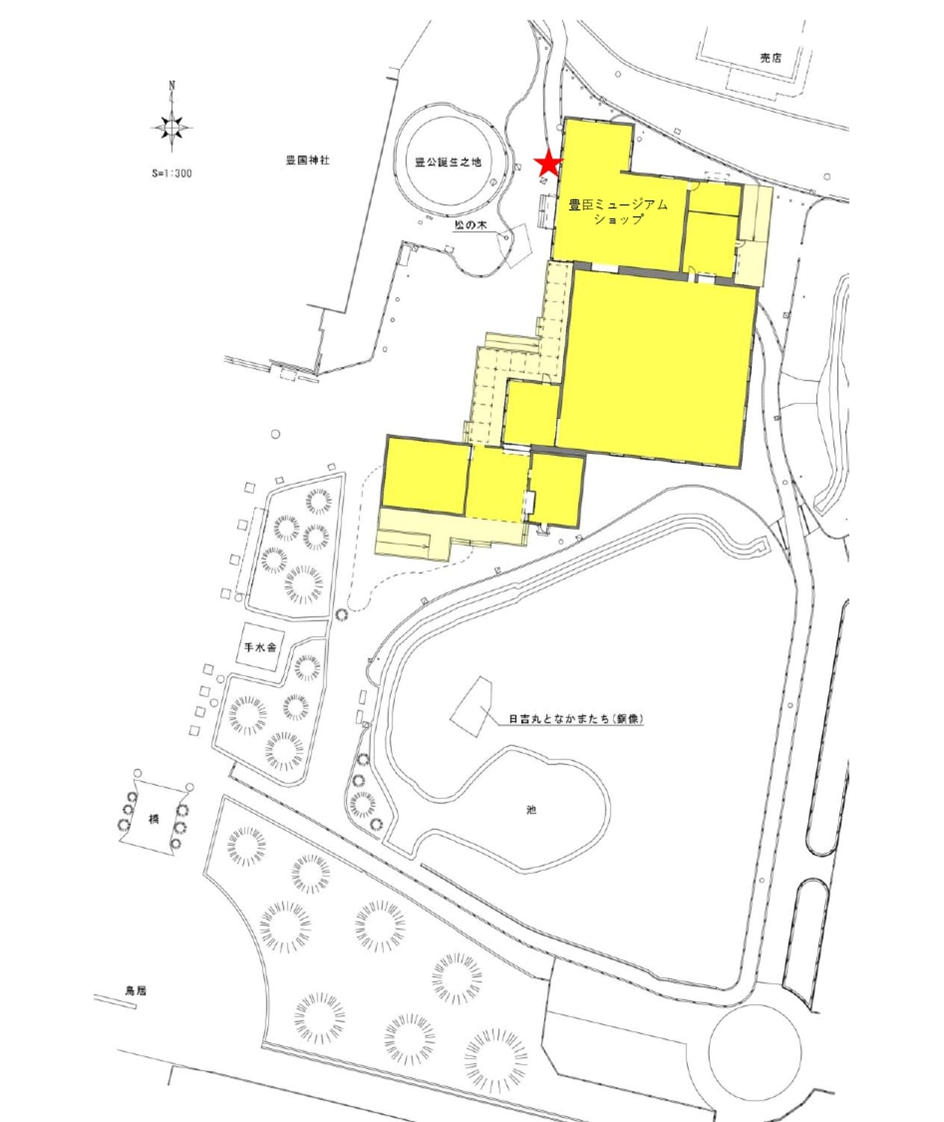豊臣ミュージアムの地図。★印が整理券配布場所
