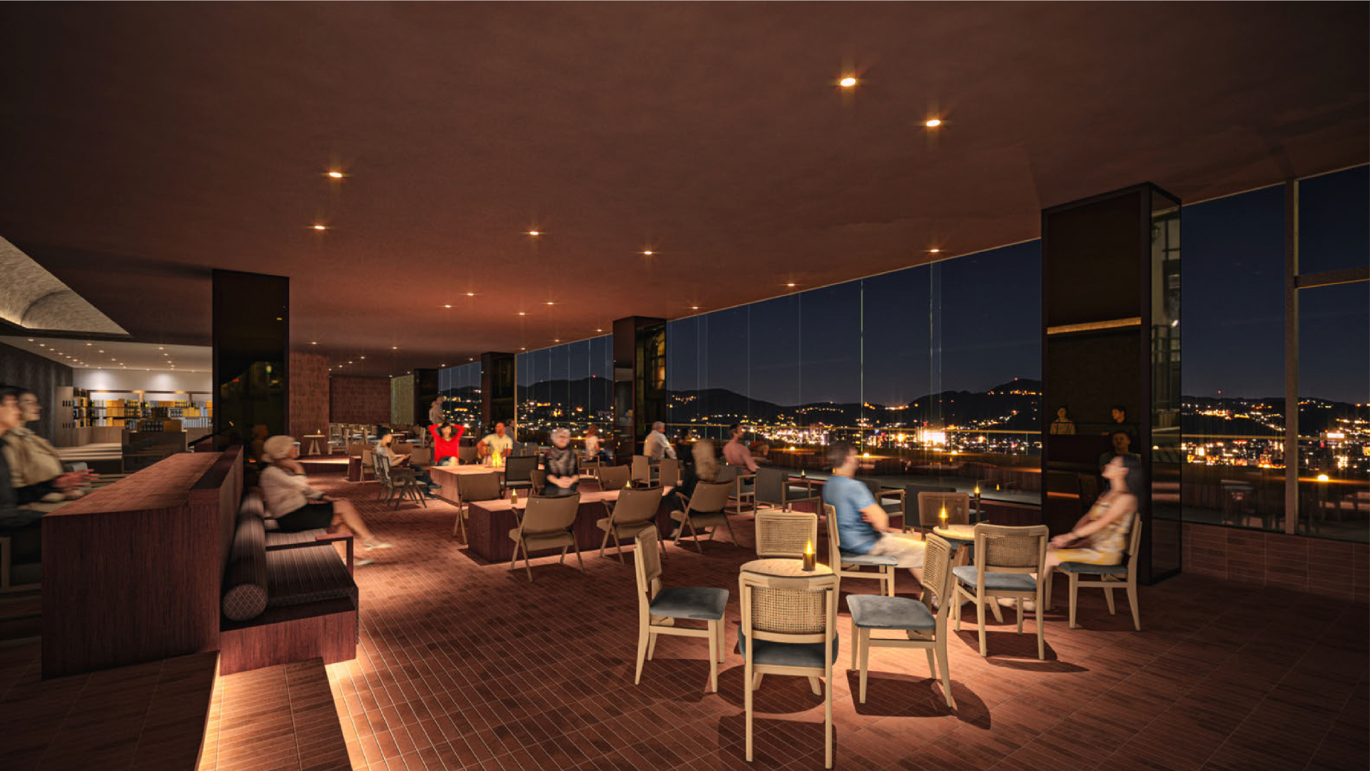 世界新三大夜景をより味わえる空間づくりで新設した「プレミアムラウンジ」。ドリンク片手に自由にくつろげる