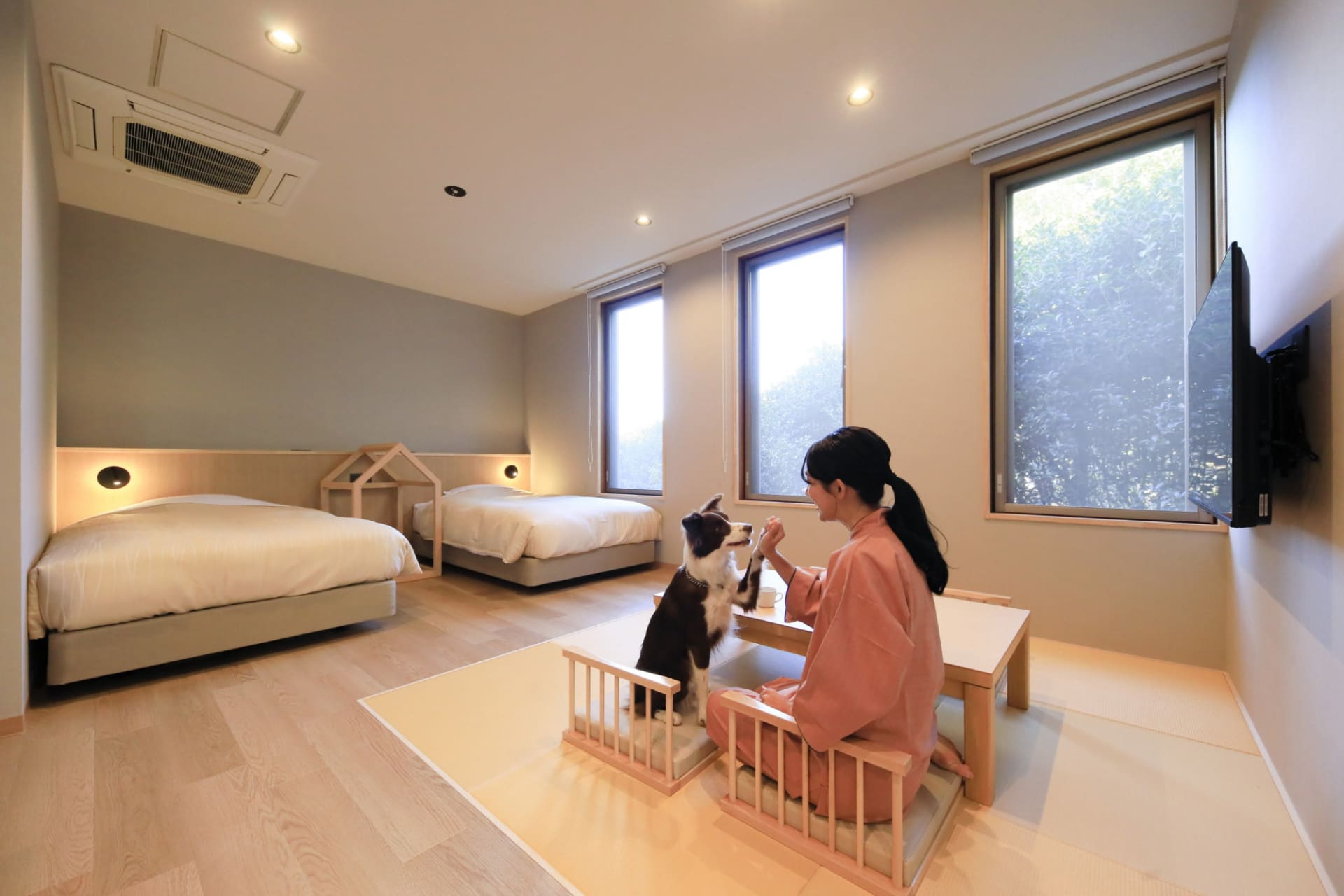 「ゆるり熱海with DOGS」は、熱海ならではの温泉や食事に加え、海を望むルーフトップドッグランや愛犬用ビュッフェ、復元ドライヤー完備のトリミングルームなどを備えた温泉リゾート