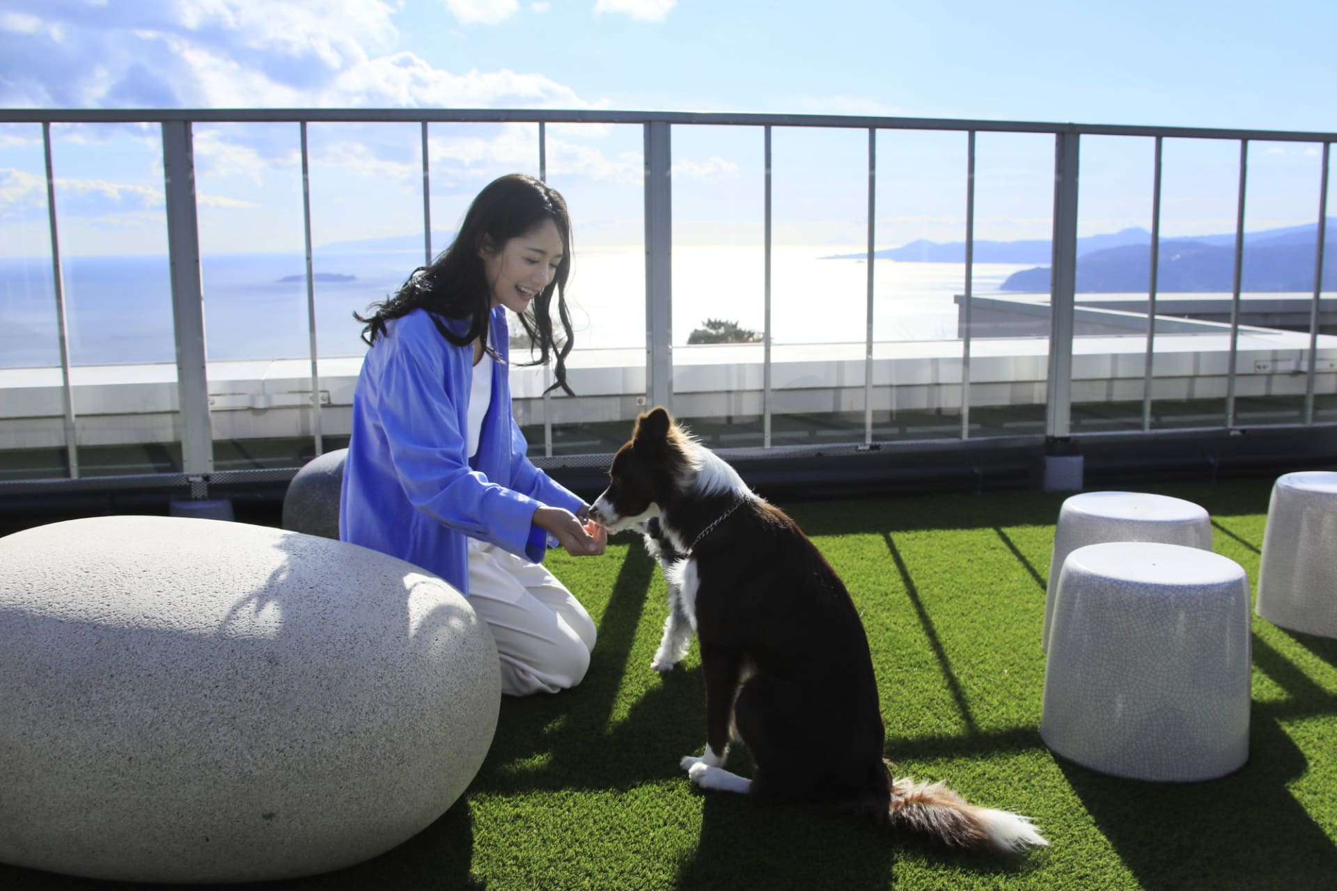 「ゆるり熱海with DOGS」は、熱海ならではの温泉や食事に加え、海を望むルーフトップドッグランや愛犬用ビュッフェ、復元ドライヤー完備のトリミングルームなどを備えた温泉リゾート