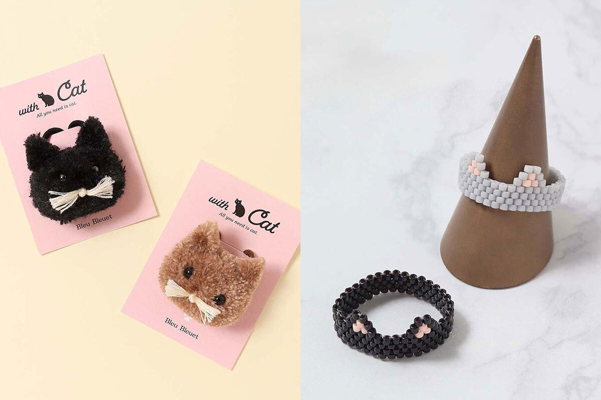 ひげねこヘアゴム（左、各1320円）と猫耳リング（右、各990円）