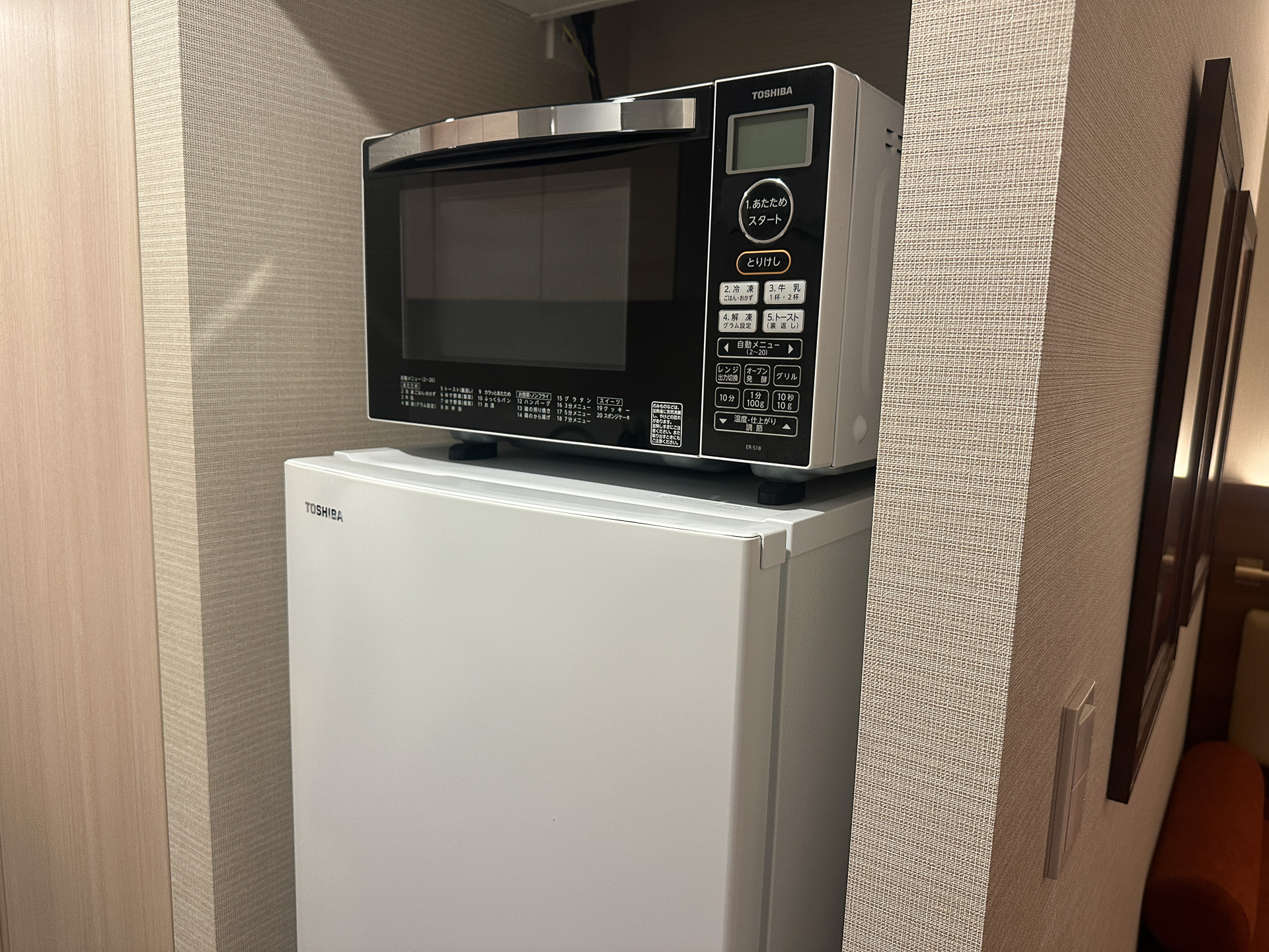 電子レンジと、冷凍庫も備えた一人暮らし用サイズの冷蔵庫