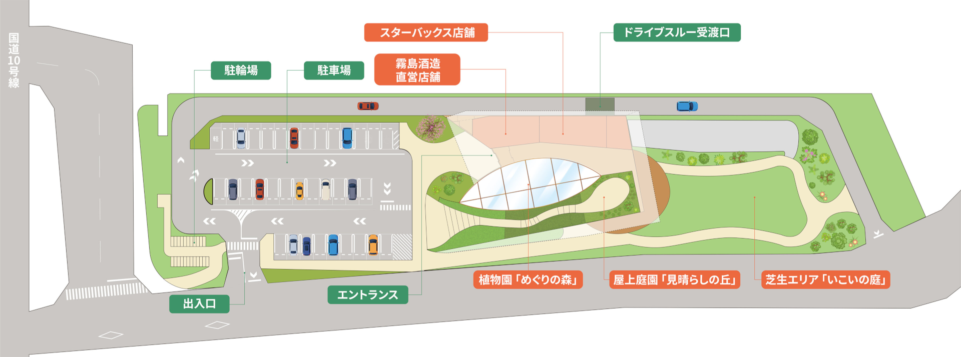 施設マップ。植物園、スターバックス店舗、霧島酒造直営店舗、屋上庭園、芝生エリアなどを設けている