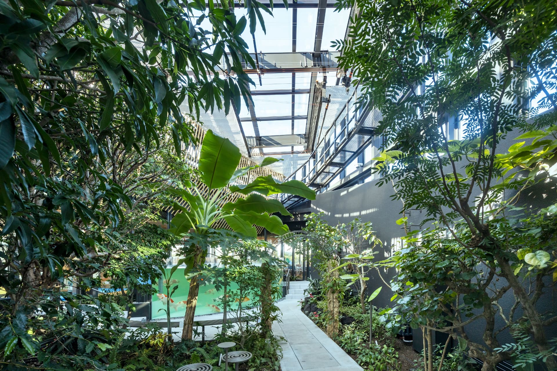 植物園「めぐりの森」。亜熱帯植物に囲まれて、ベンチに腰を下ろし、コーヒーを片手にほっと一息つける