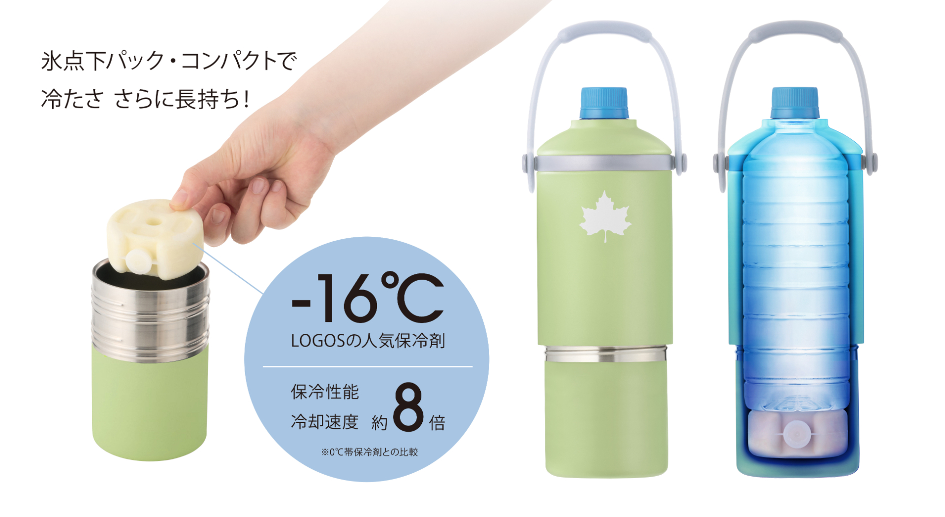 別売りの強力保冷剤「氷点下パック・コンパクト」を使用することで、冷たいボトル飲料をさらに長時間保冷でき、常温の飲料を冷却することも可能