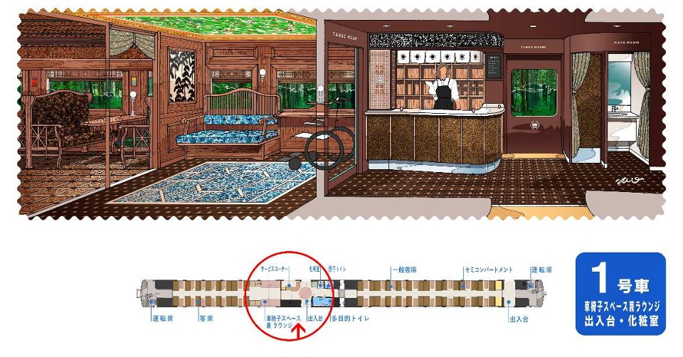 1号車連結面寄りのラウンジとサービスコーナー