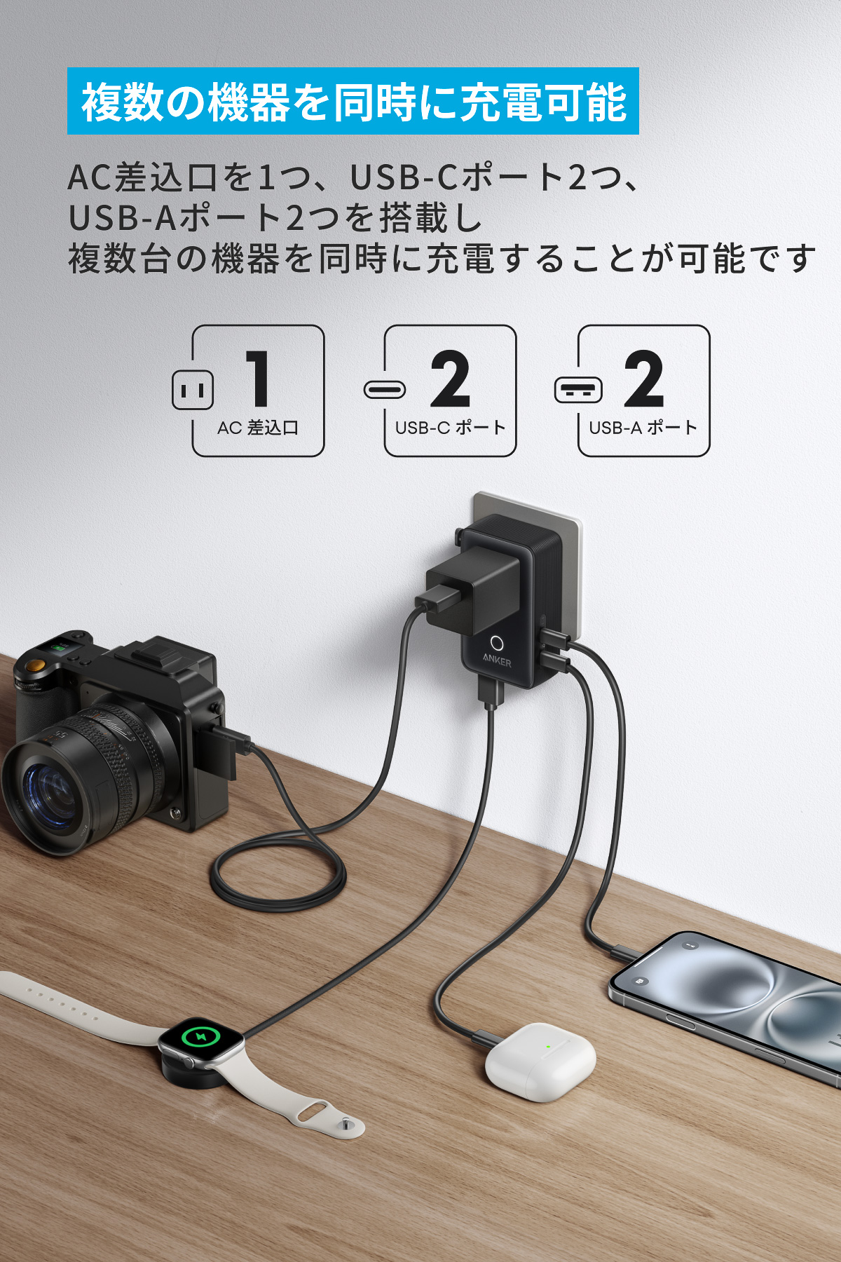 USB Type-A×2、Type-C×2の充電ポートを備える