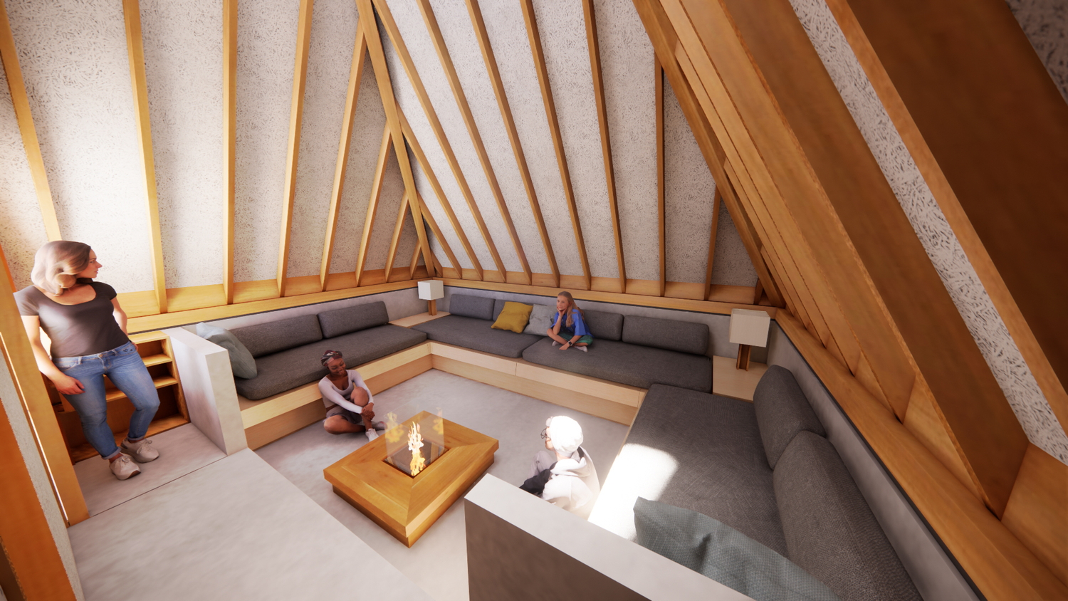 弥生時代の竪穴住居をイメージし、火を中心とした空間を提供する