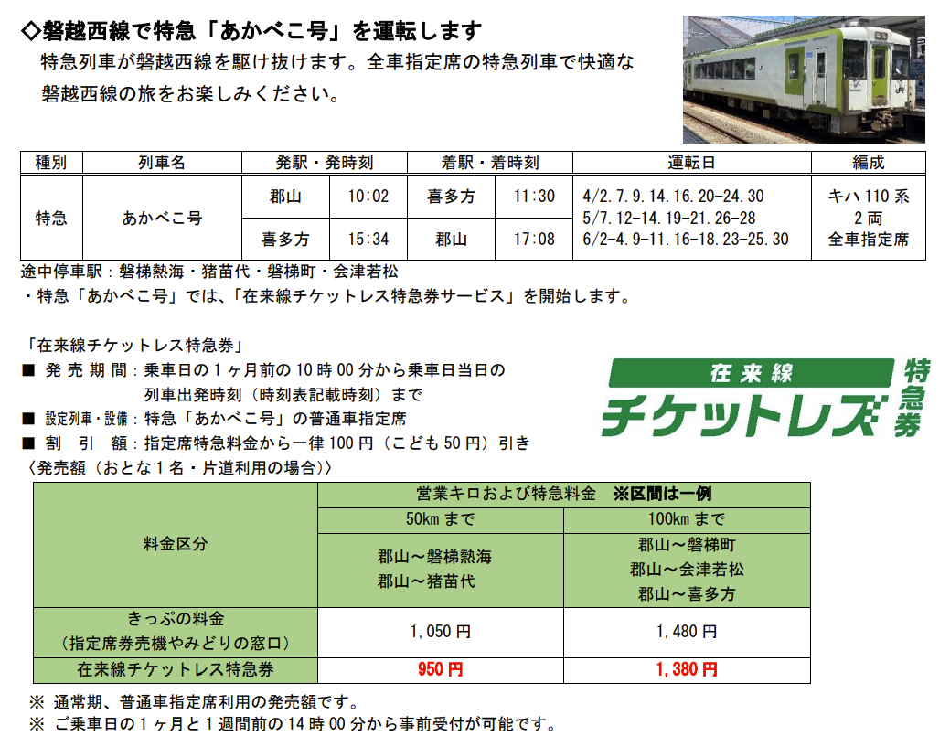 福島の郷土玩具「あかべこ」に由来する、JR磐越西線 臨時特急列車「あかべこ」号。一律100円引き「在来線チケットレス特急券」の販売に加え、トク割とポイント交換の特別レートを設定