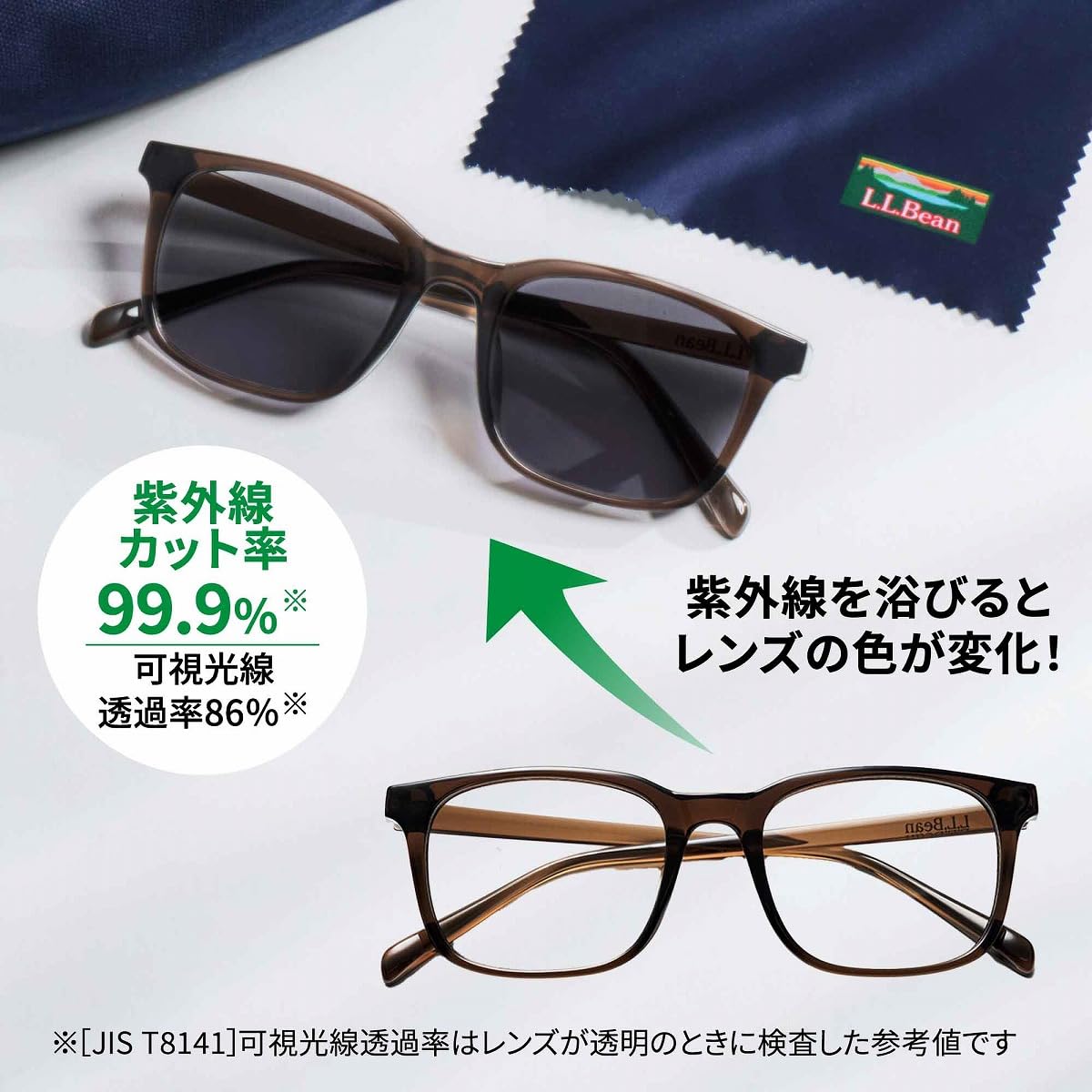 紫外線を浴びるとレンズの色が変化。テンプルには「L.L.Bean」ブランドロゴをあしらう