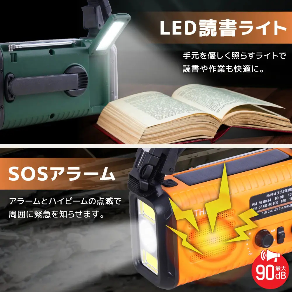 読書灯になるミニライト、緊急時用の大音量アラーム付き