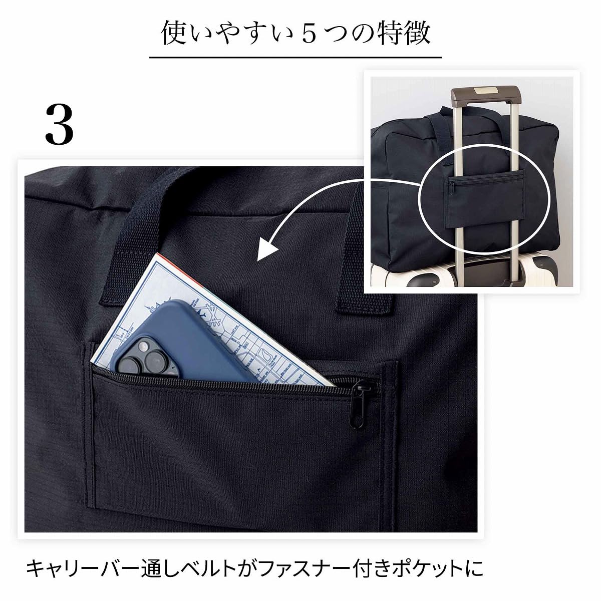 キャリーバー通しベルト部分はファスナーポケットになっている