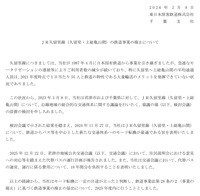 協議が続いてきた久留里線末端部の廃止を正式発表
