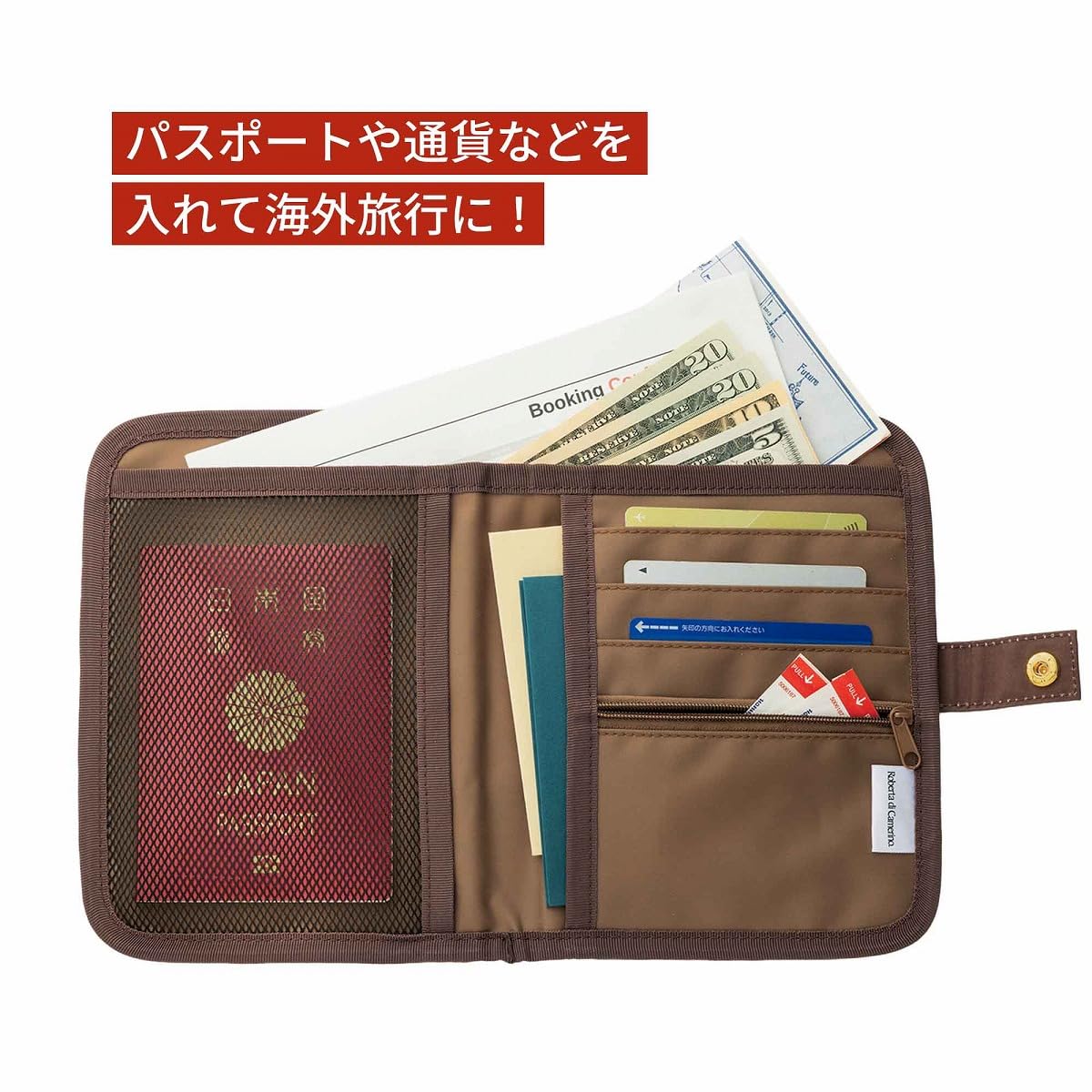 高級感のある手帳のような見た目のケース。開くと用途に応じた7ポケットが備わり、お金やレシート、パスポートや診察券まで、これ1つでスリムにまとまる