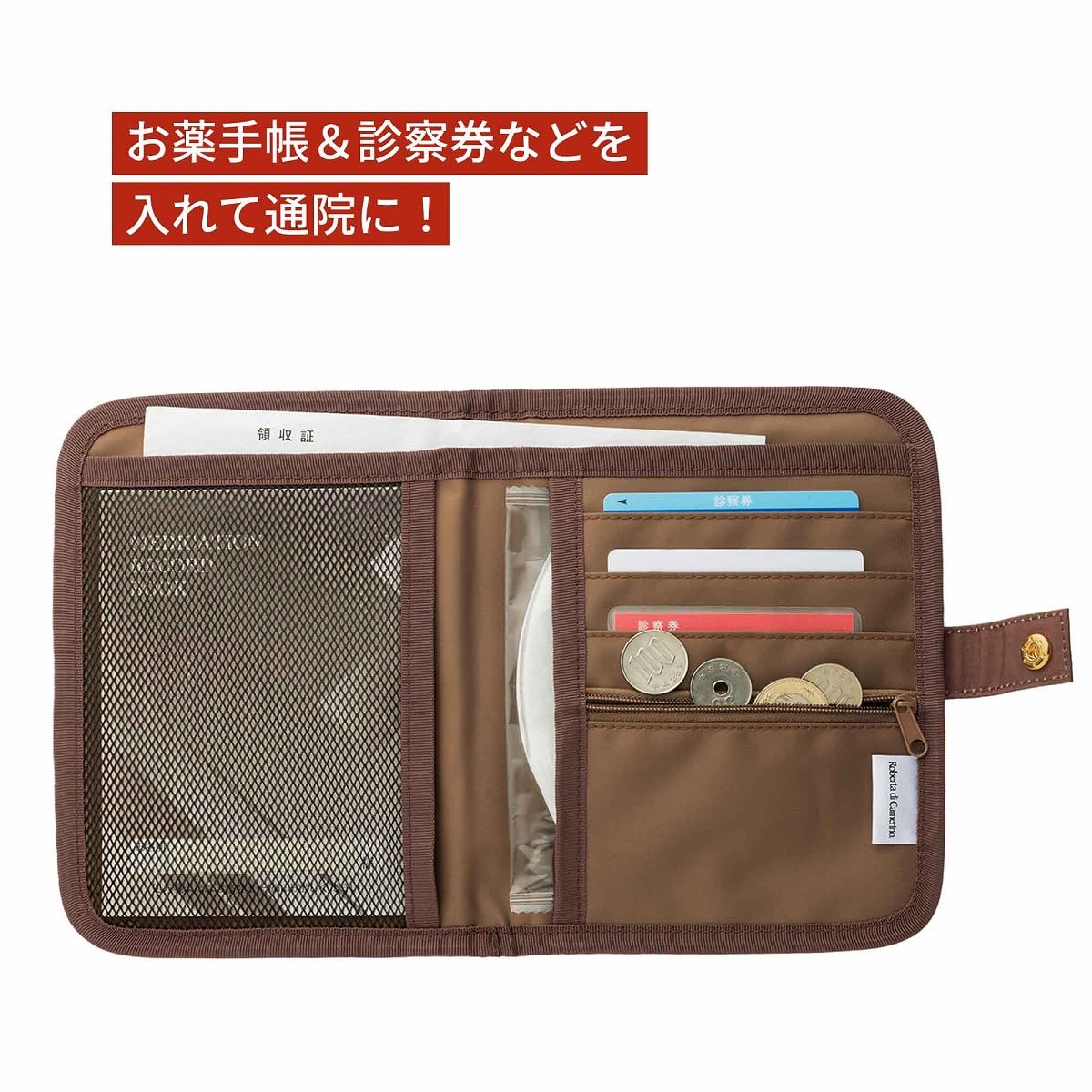 高級感のある手帳のような見た目のケース。開くと用途に応じた7ポケットが備わり、お金やレシート、パスポートや診察券まで、これ1つでスリムにまとまる