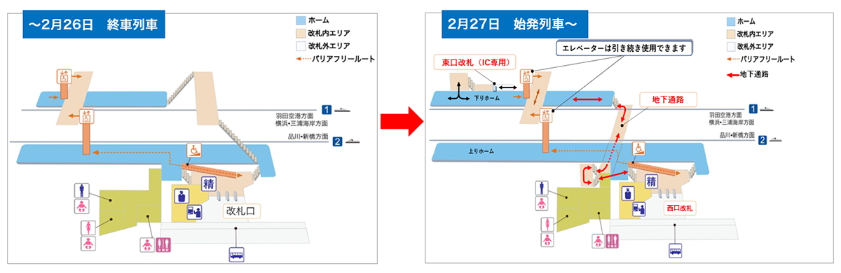 北品川駅の東口改札（IC専用）と地下通路の供用を開始する