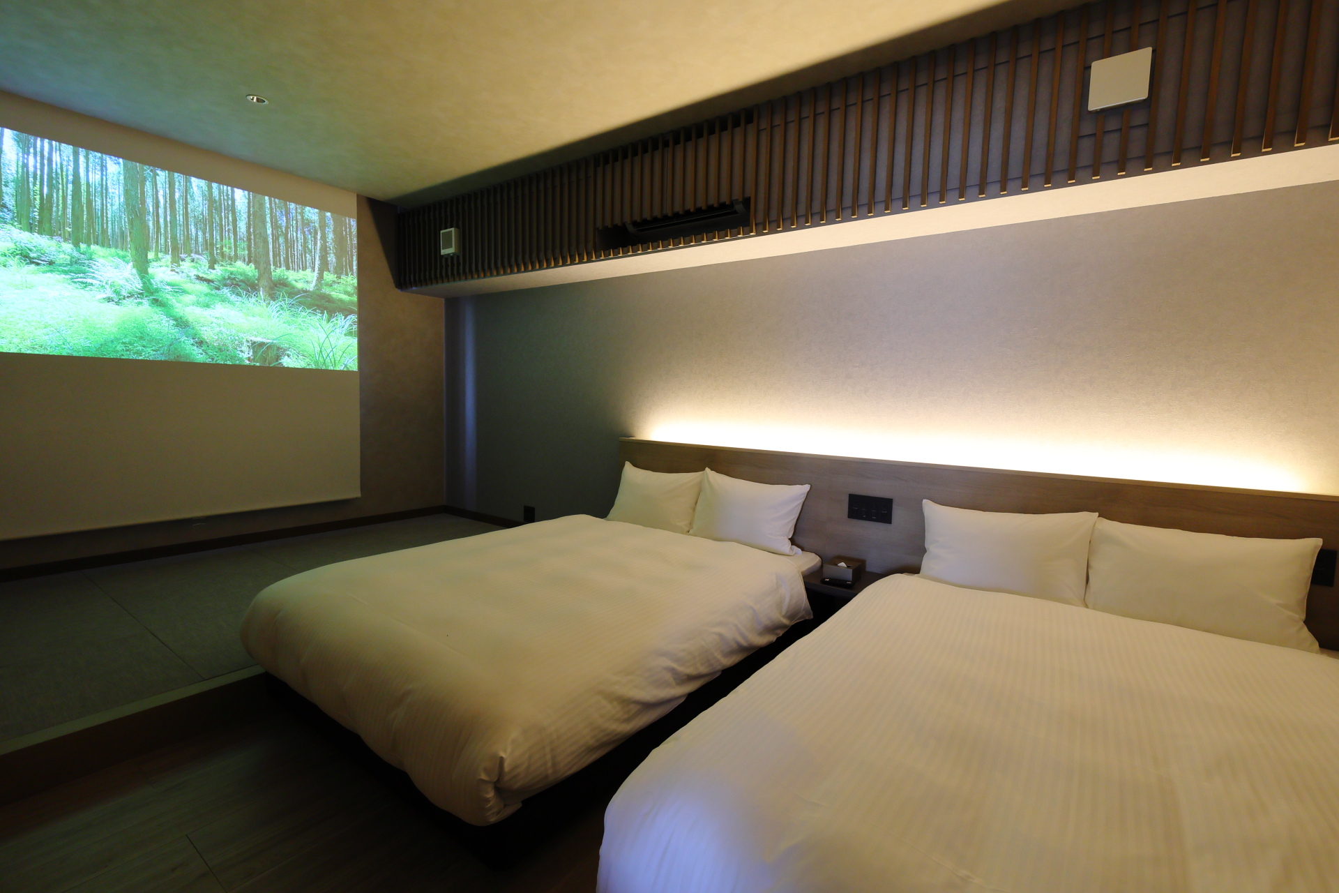 【Aタイプ】小上がりの壁面に用意されたスクリーンにプロジェクターの映像も投影できる