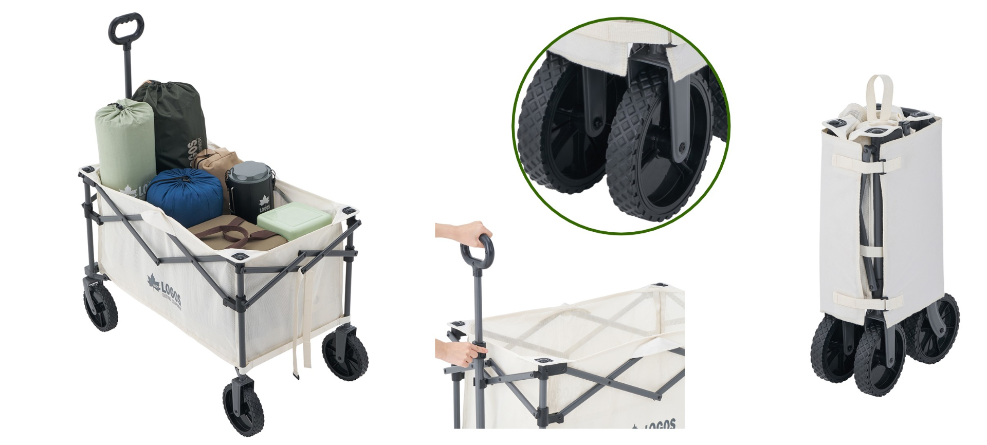 「スマートテスリンキャリーカート」（1万5800円）。容量109Lの積載力、耐荷重約120kg、車輪は滑りやすい地面でも安定して走行できるひし形ブロックタイヤで、重たい荷物もしっかり運べる。コンパクト収納も可能