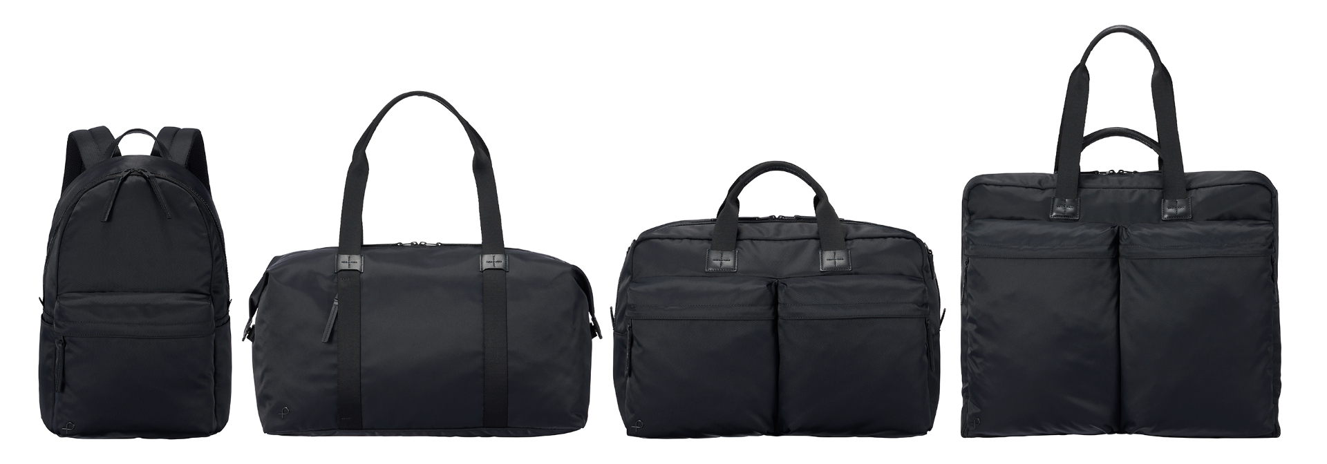 左からバックパック、パッカブルボストン、2WAYボストン、ガーメントケース