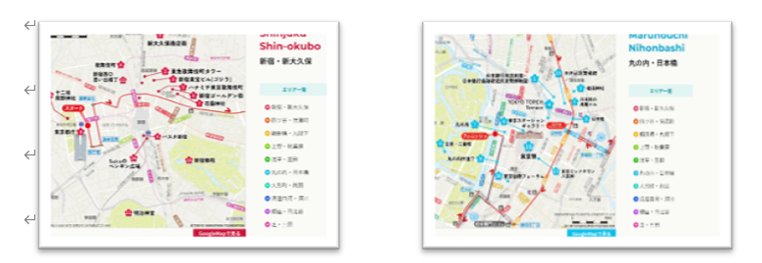 新宿・新大久保エリアのマップ（一例）。コース沿いのエリアごとに観光スポットを掲載する