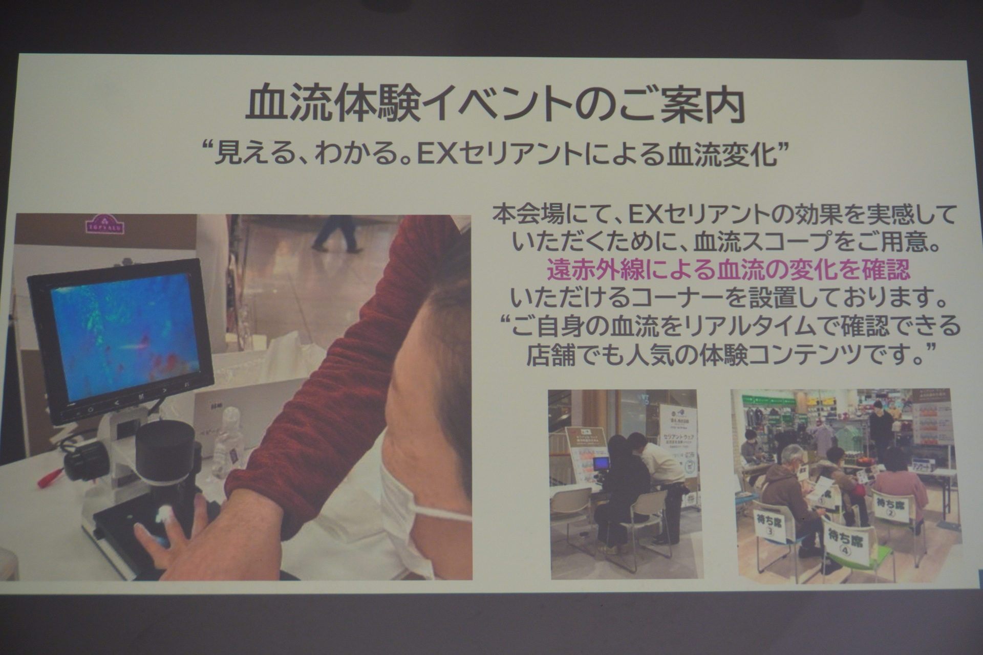 体験イベントの様子。はじめは点状だった指の毛細血管が、セリアント素材をまとうことで線状になり、血行が促進されているのを確認できた