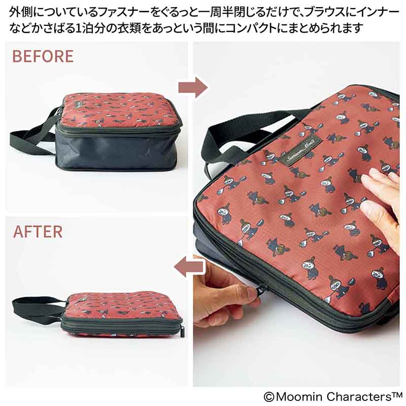 外側についているファスナーをぐるっと一周半閉じるだけで、1泊分の衣類をコンパクトにまとめられる