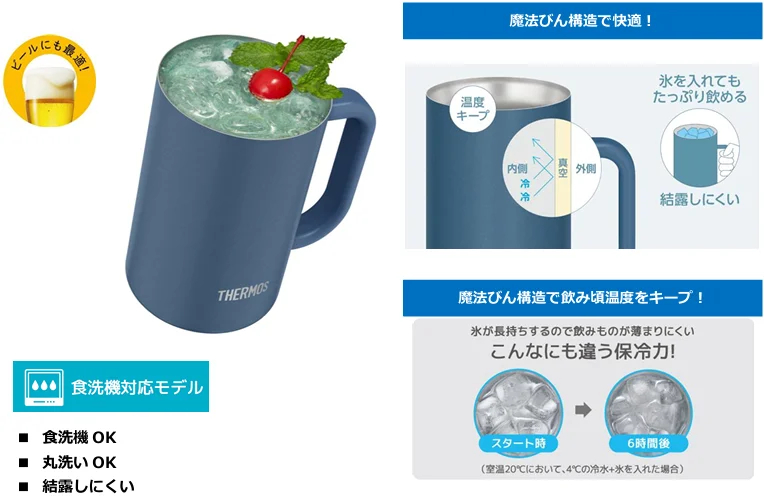 魔法びん構造で高い保冷力。氷が長持ちするので飲み物が薄まりにくい