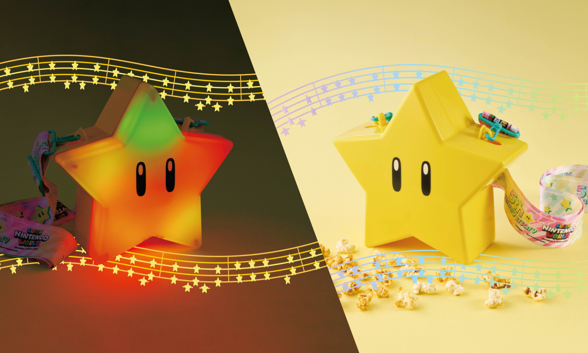 The "Anniversary Super Star Popcorn Bucket" lights up and plays the iconic "invincibility" BGM.