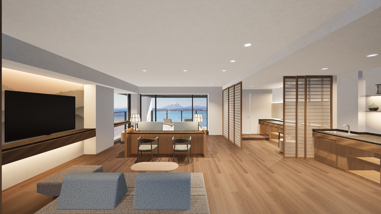 十分な広さと機能性を備えた「コンフォートルーム」。大きな窓から海も一望