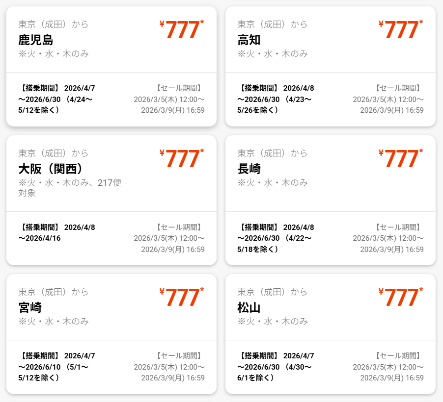 ジェットスター「最強開運日セール」のセール例