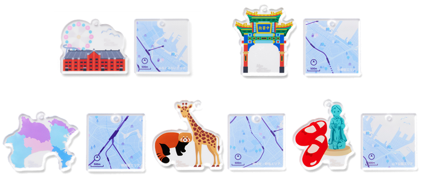 お土産や地元アピールに！　タビマップシリーズ横浜アクリルキーホルダー（全5種ランダム・1個500円）。左上からみなとみらい、中華街、横浜駅、桜木町・野毛、山下公園