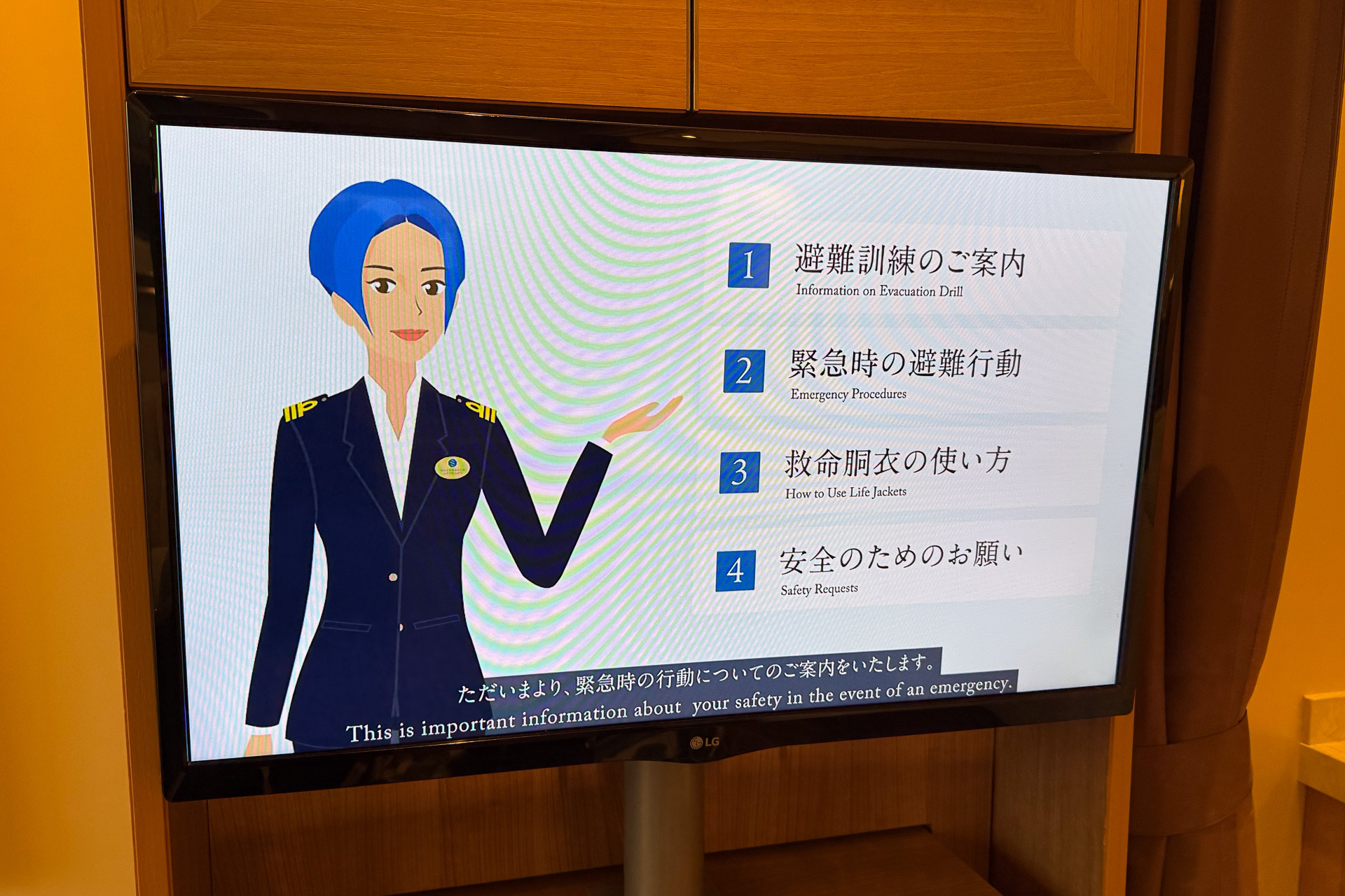 乗船後は安全ビデオの視聴義務がある