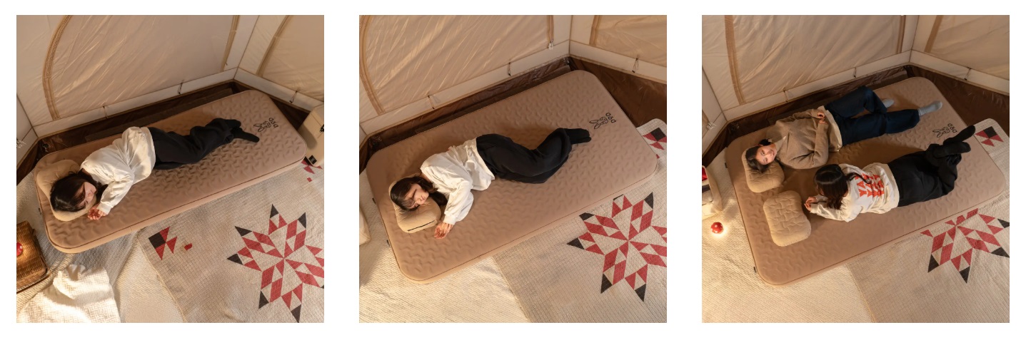 左から「ソトネノキワミ Lite」Sサイズ（シングル相当）、Mサイズ（セミダブル相当）、Lサイズ（ダブル相当）