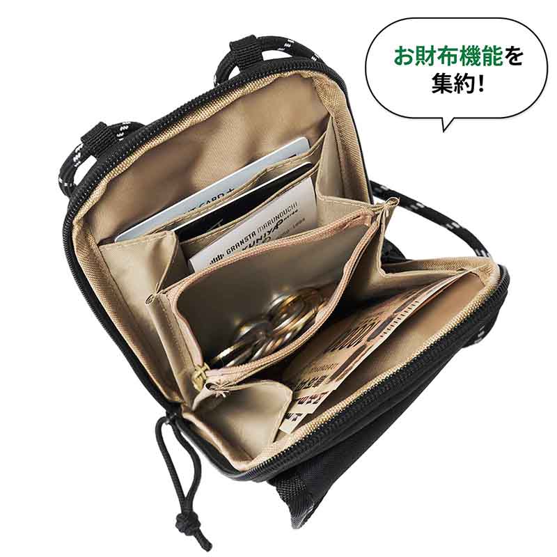 がばっと開くお財布スペース。小銭入れはファスナーポケット仕様