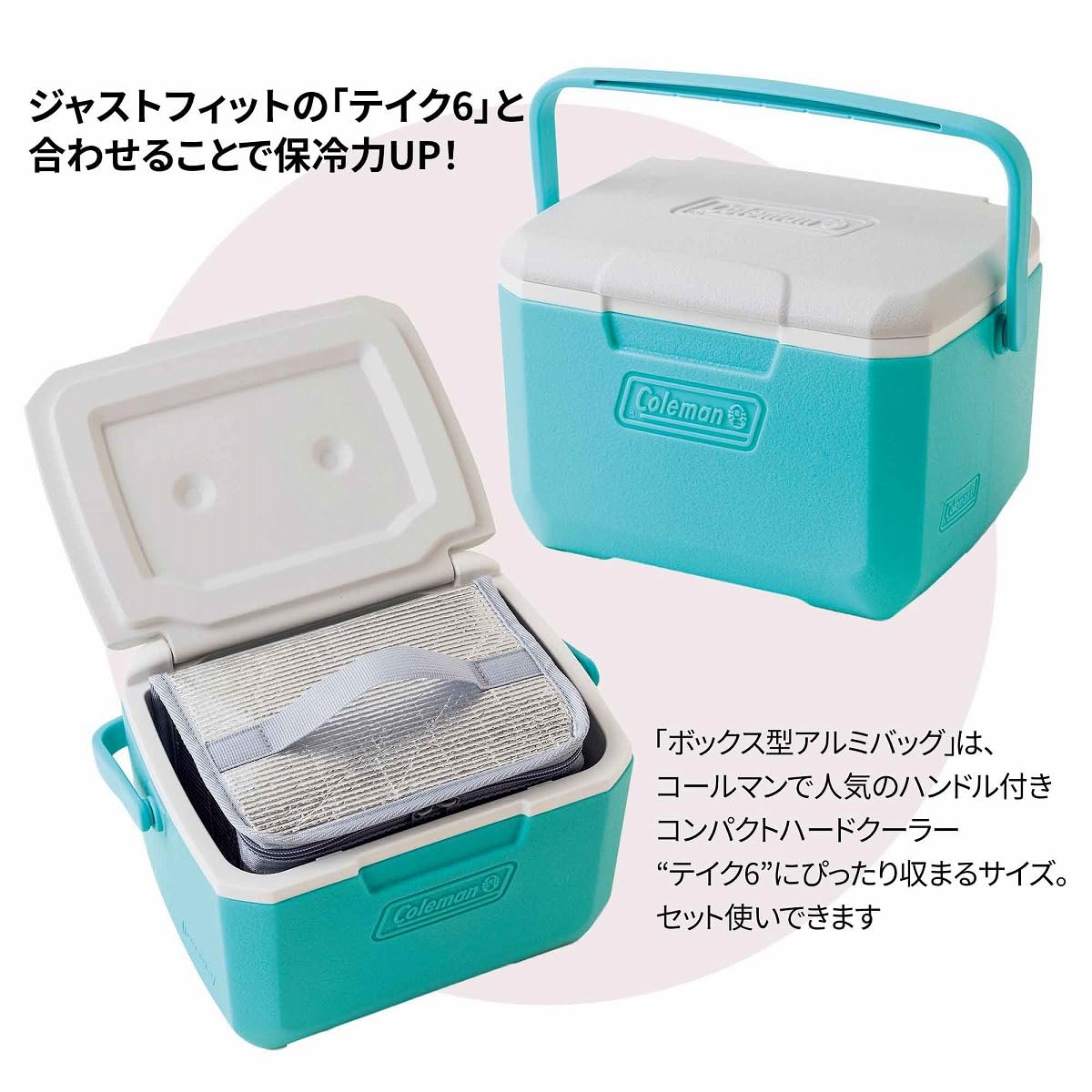 350mLの缶が6本入るアルミバッグはお弁当バッグに使っても〇。コールマンのコンパクトクーラーボックス「テイク6」と併用すれば保冷力アップ