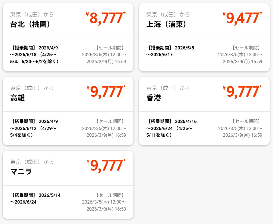 ジェットスター「最強開運日セール」のセール例
