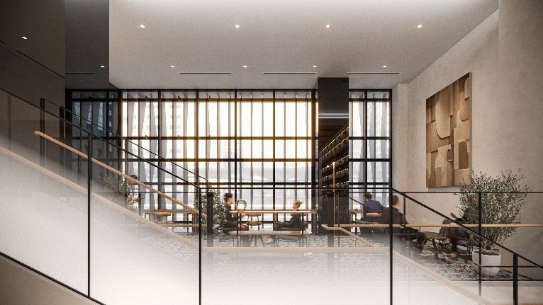 宿泊者以外も利用できる「SHARE LOUNGE」。1階は書籍やフード・ドリンクを用意したカジュアルゾーン、中2階は街並みを望むくつろぎエリア、2階は静かに集中できるフロア