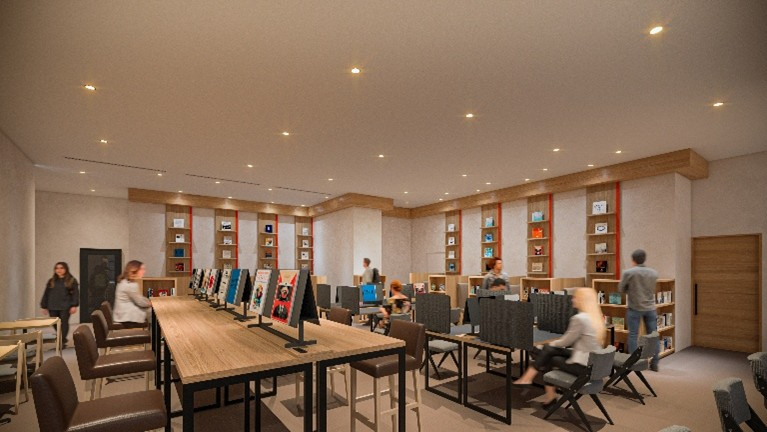 宿泊者以外も利用できる「SHARE LOUNGE」。1階は書籍やフード・ドリンクを用意したカジュアルゾーン、中2階は街並みを望むくつろぎエリア、2階は静かに集中できるフロア