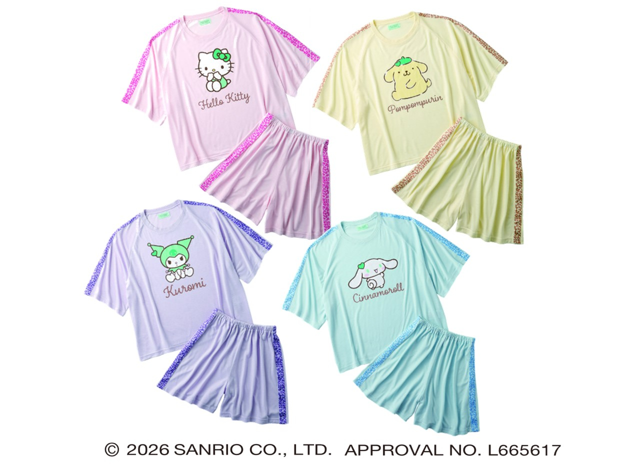 サンリオキャラクターズグリーンコレクションキッズルームウエア（上下セット4種、各2838円）.。トップスの一部に地球にやさしい再生ポリエステルの素材を使用
