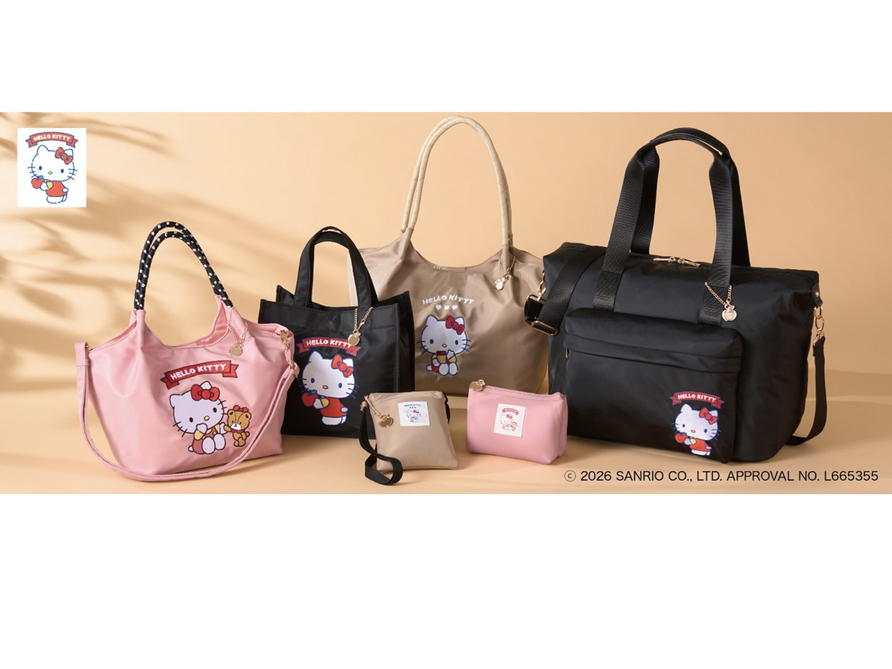 ハローキティのビッグトート（5478円）やショルダー付きタテ型ポーチ（2178円）。バッグはキティの刺繍入りで、春らしいピンクやベージュ、ブラックを展開