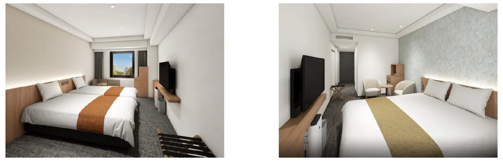 シモンズ製ベッドを取り入れた「スタンダードツイン」（左）、「スーペリアダブル」（右）