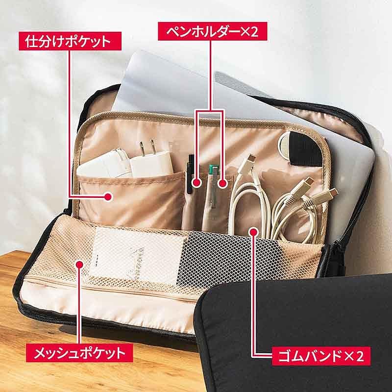 内装はこんな感じ。多機能ポケット、ゴムバンド、ペンポルダー、PCスリーブが備わる