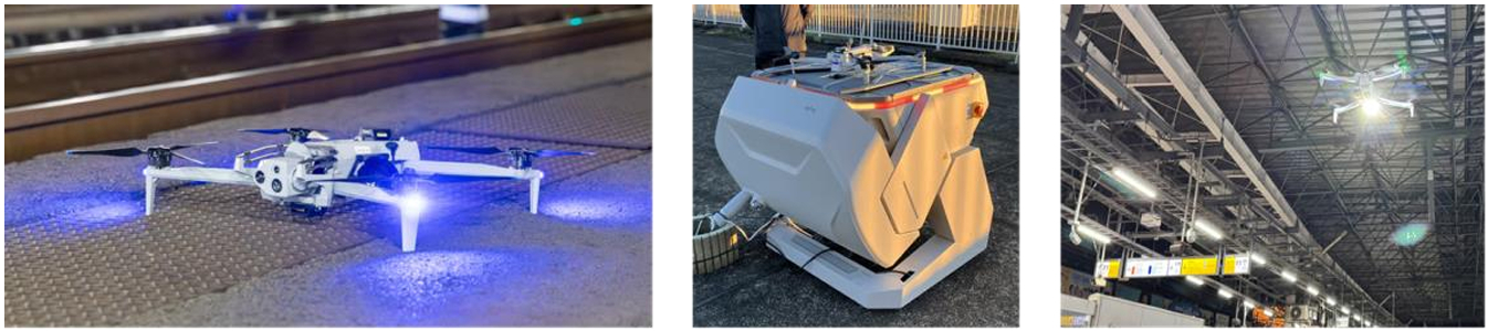 新橋駅での試験に使用したドローン（左）、ドローンドック（中央）、飛行時の様子（右）