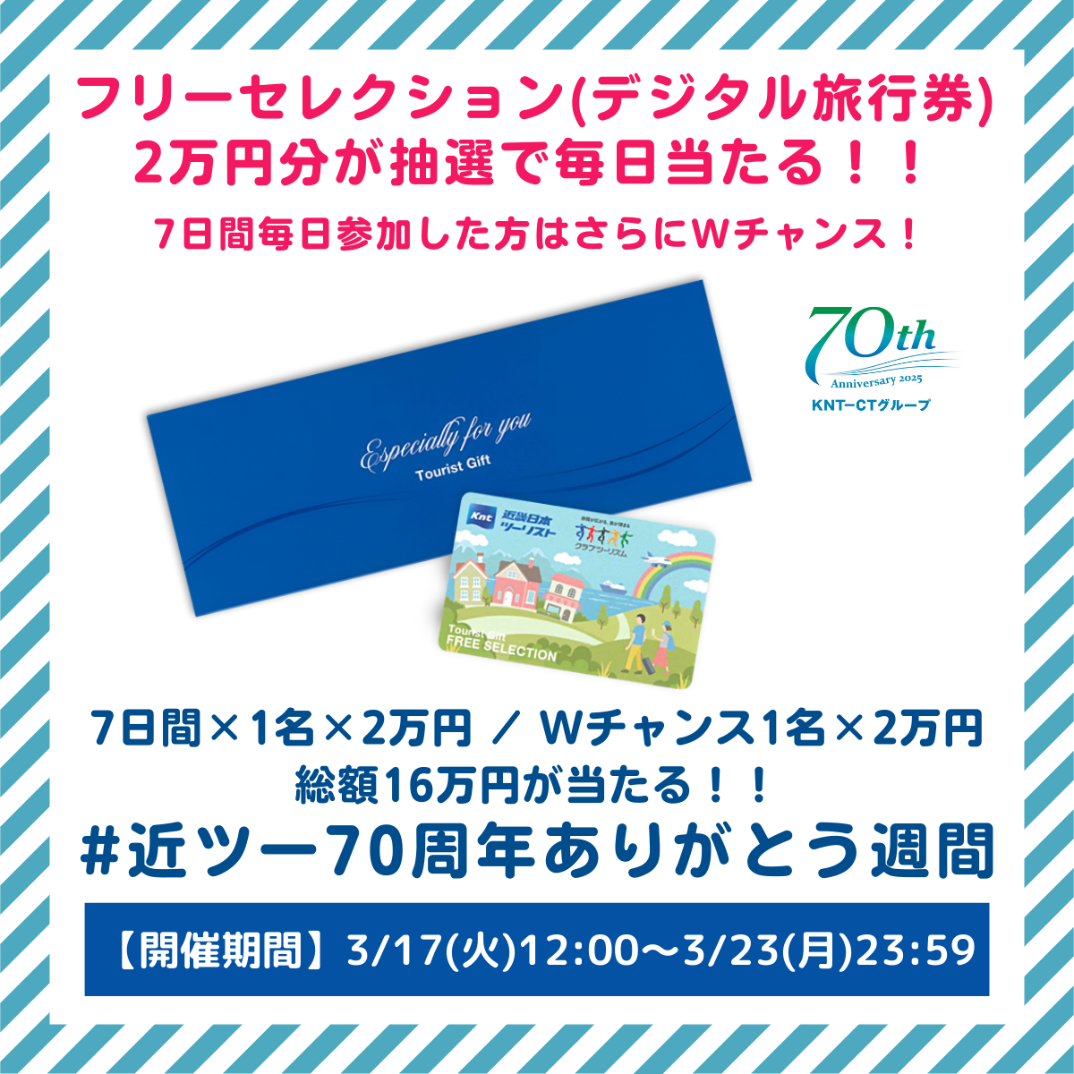 デジタル旅行券2万円分が抽選で当たる公式Xキャンペーン「近ツー70周年ありがとう週間」