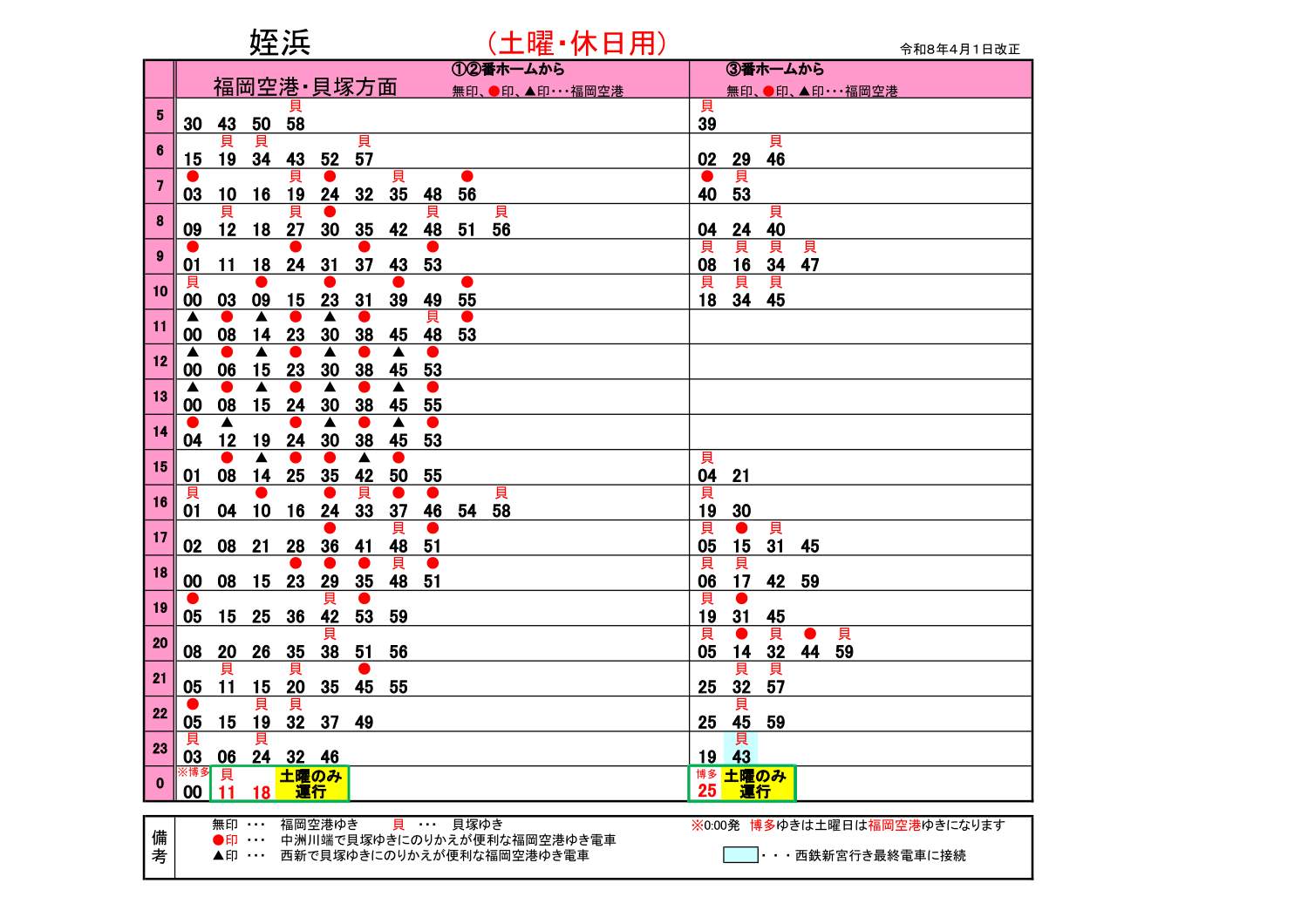 姪浜駅発時刻（土休日ダイヤ、以下いずれも4月1日以降）