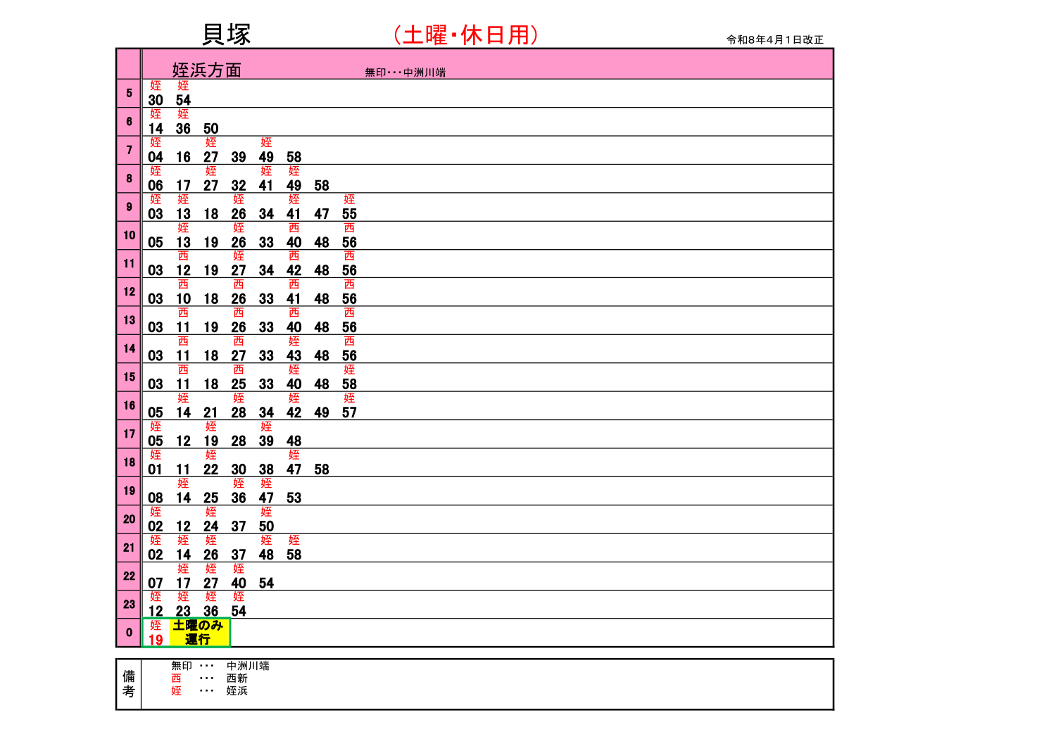貝塚駅発時刻（土休日ダイヤ）
