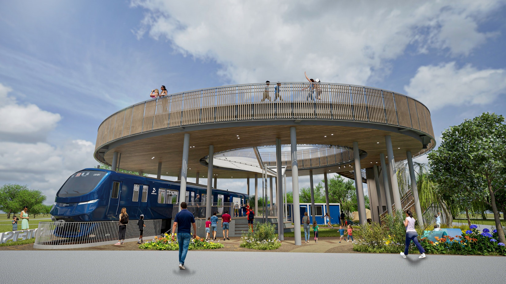 大屋根は車両や広場を雨や日差しから守るだけでなく、登ることもできる